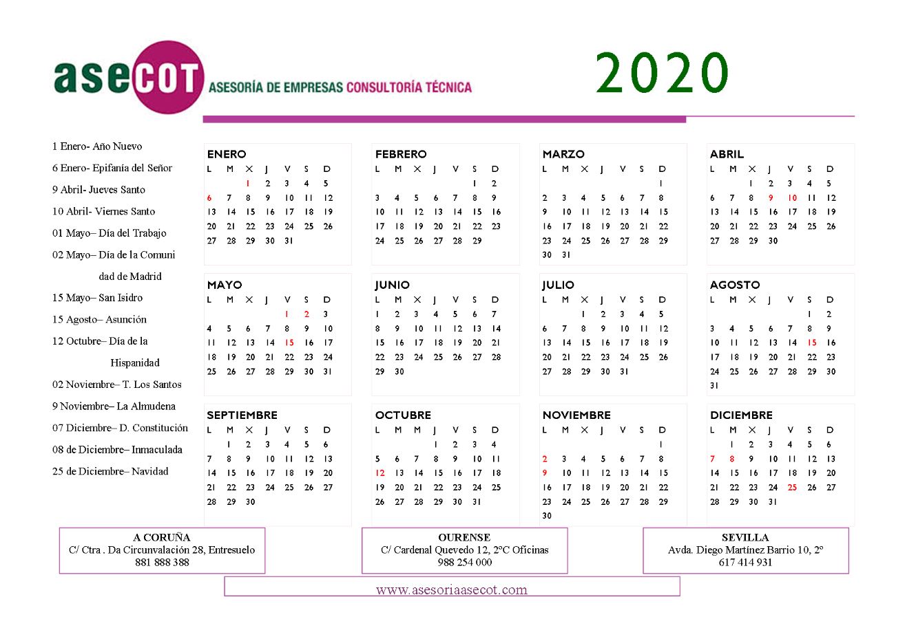 CALENDARIO LABORAL MADRID 2020